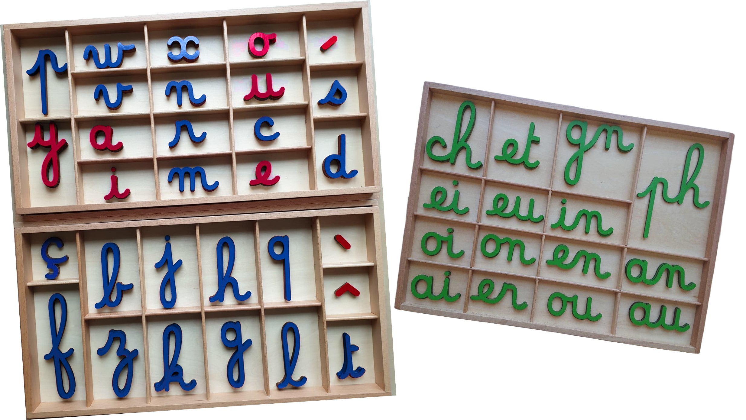 Pack lettres et digrammes Mobiles Cursifs Montessori et boîtes rangement - MaMontessoriBox