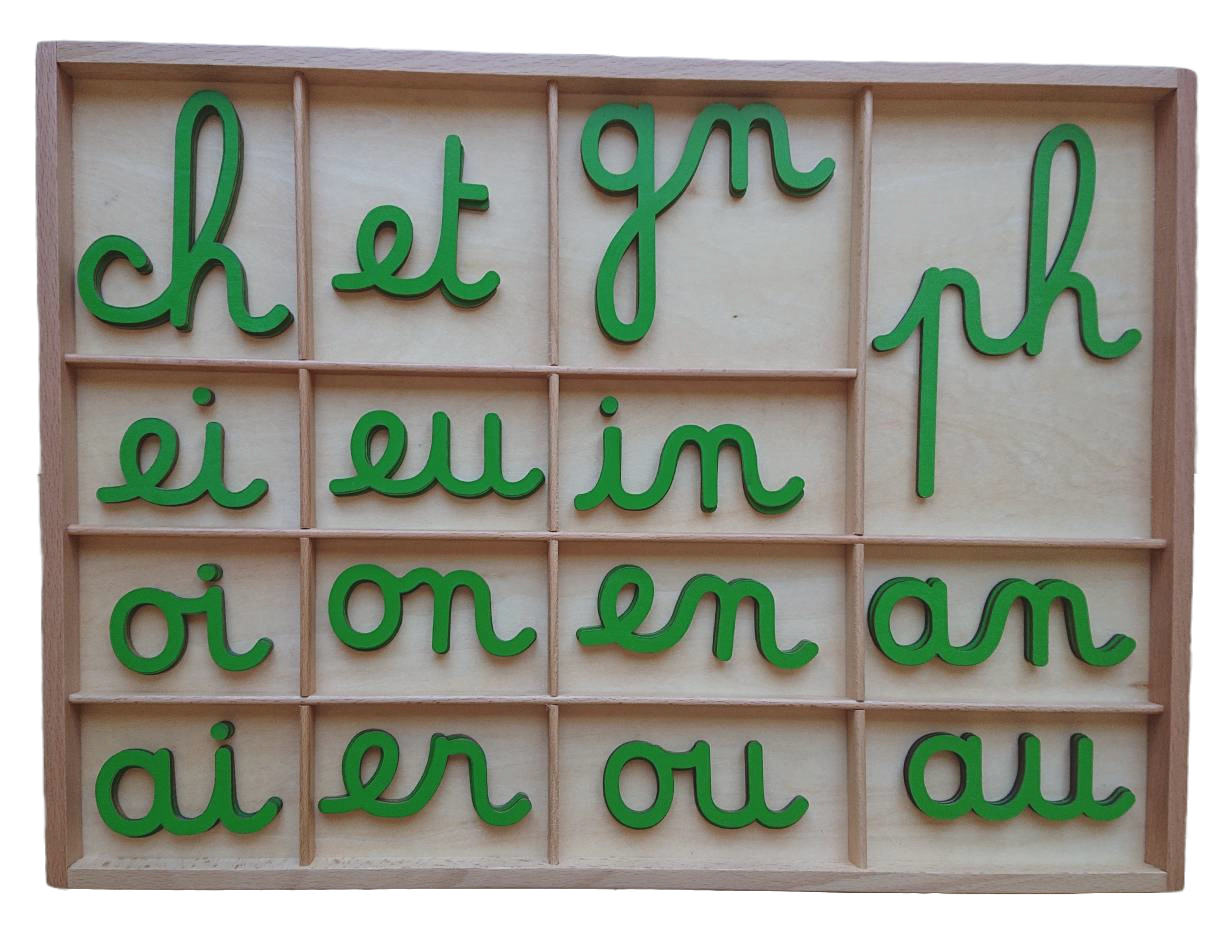 Pack lettres et digrammes Mobiles Cursifs Montessori et boîtes rangement - MaMontessoriBox